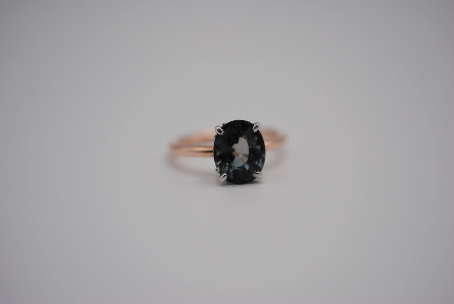 Tourmaline Ring: Oval Cut, White Gold Ornate Setting, Rose Gold Fill Band