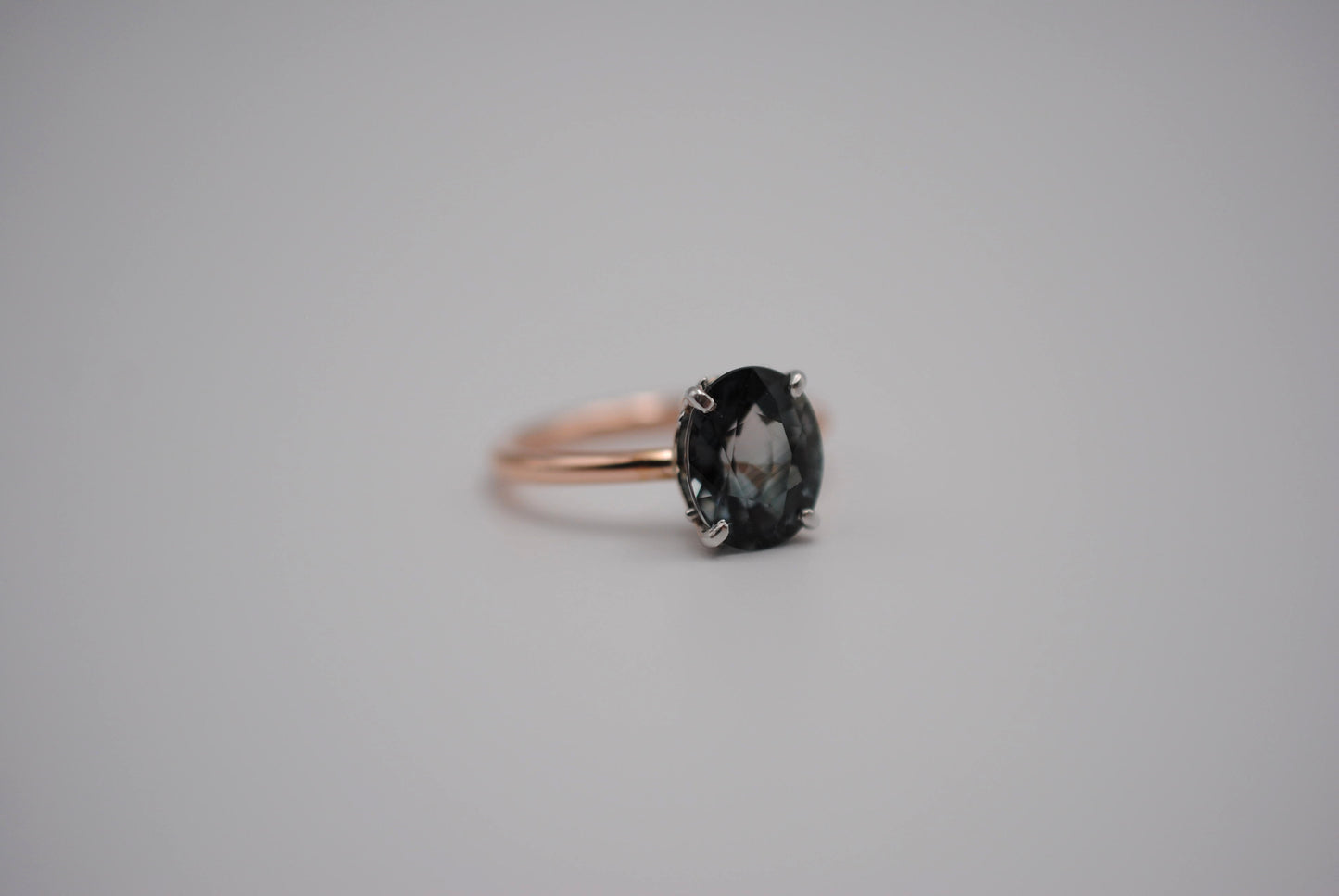 Tourmaline Ring: Oval Cut, White Gold Ornate Setting, Rose Gold Fill Band