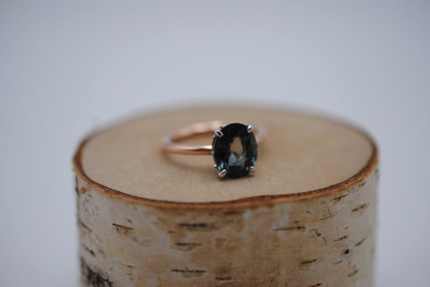 Tourmaline Ring: Oval Cut, White Gold Ornate Setting, Rose Gold Fill Band