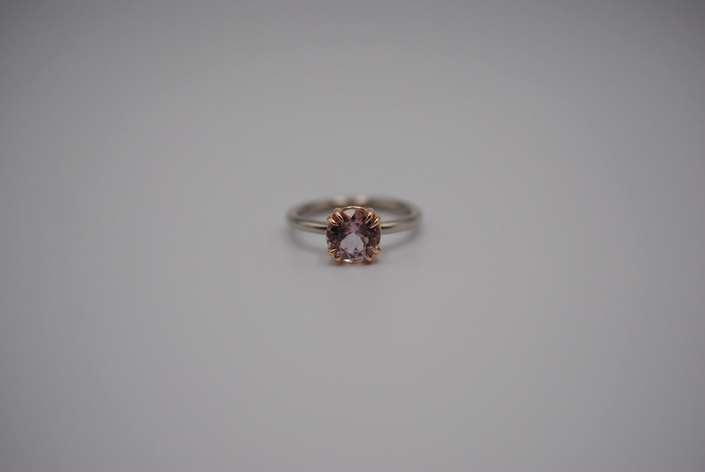 Tourmaline Ring: Round Cut, White Gold Band, Rose Gold Double Prong Setting