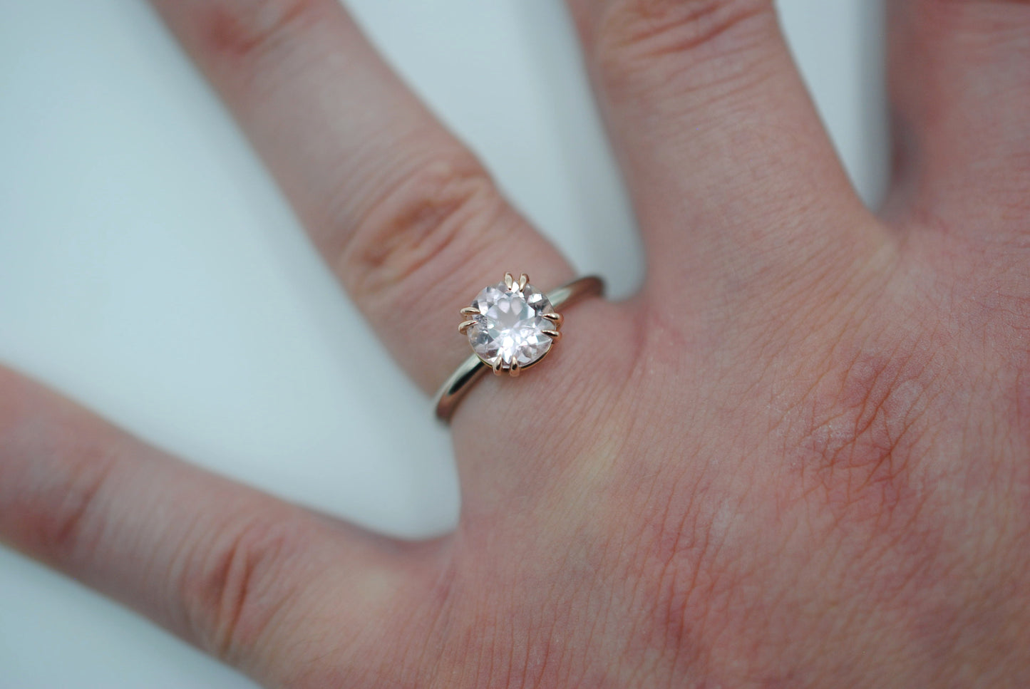 Tourmaline Ring: Round Cut, White Gold Band, Rose Gold Double Prong Setting