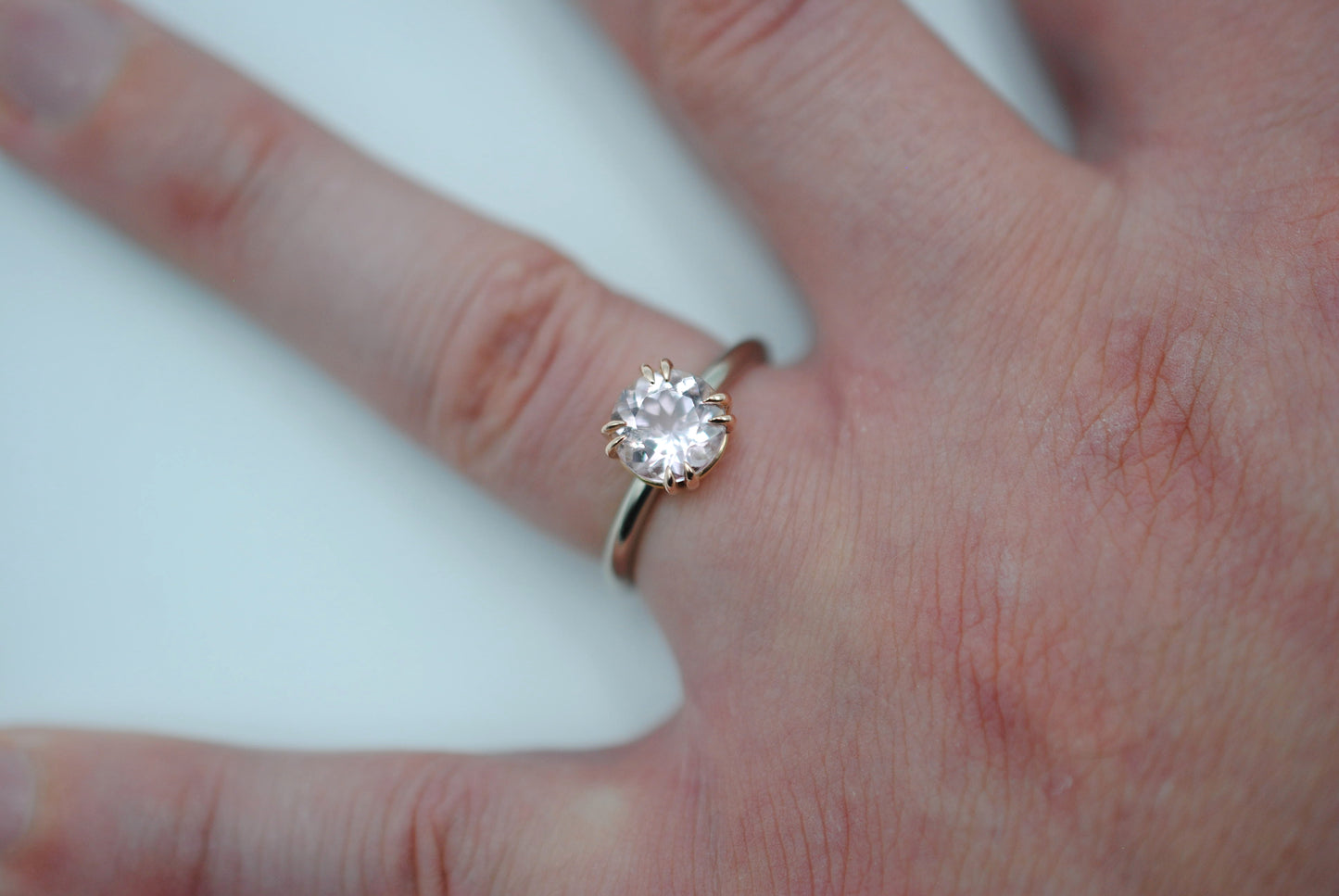 Tourmaline Ring: Round Cut, White Gold Band, Rose Gold Double Prong Setting