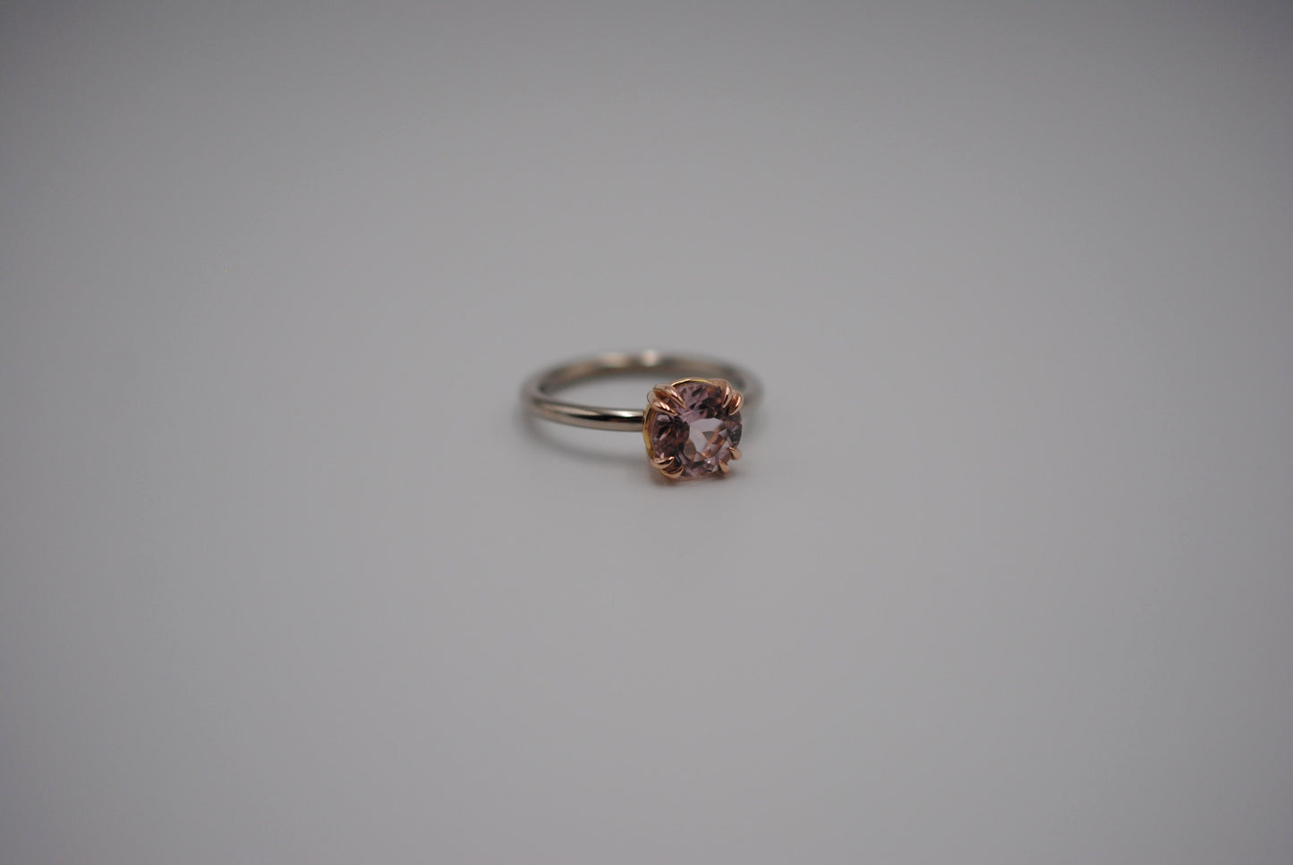 Tourmaline Ring: Round Cut, White Gold Band, Rose Gold Double Prong Setting