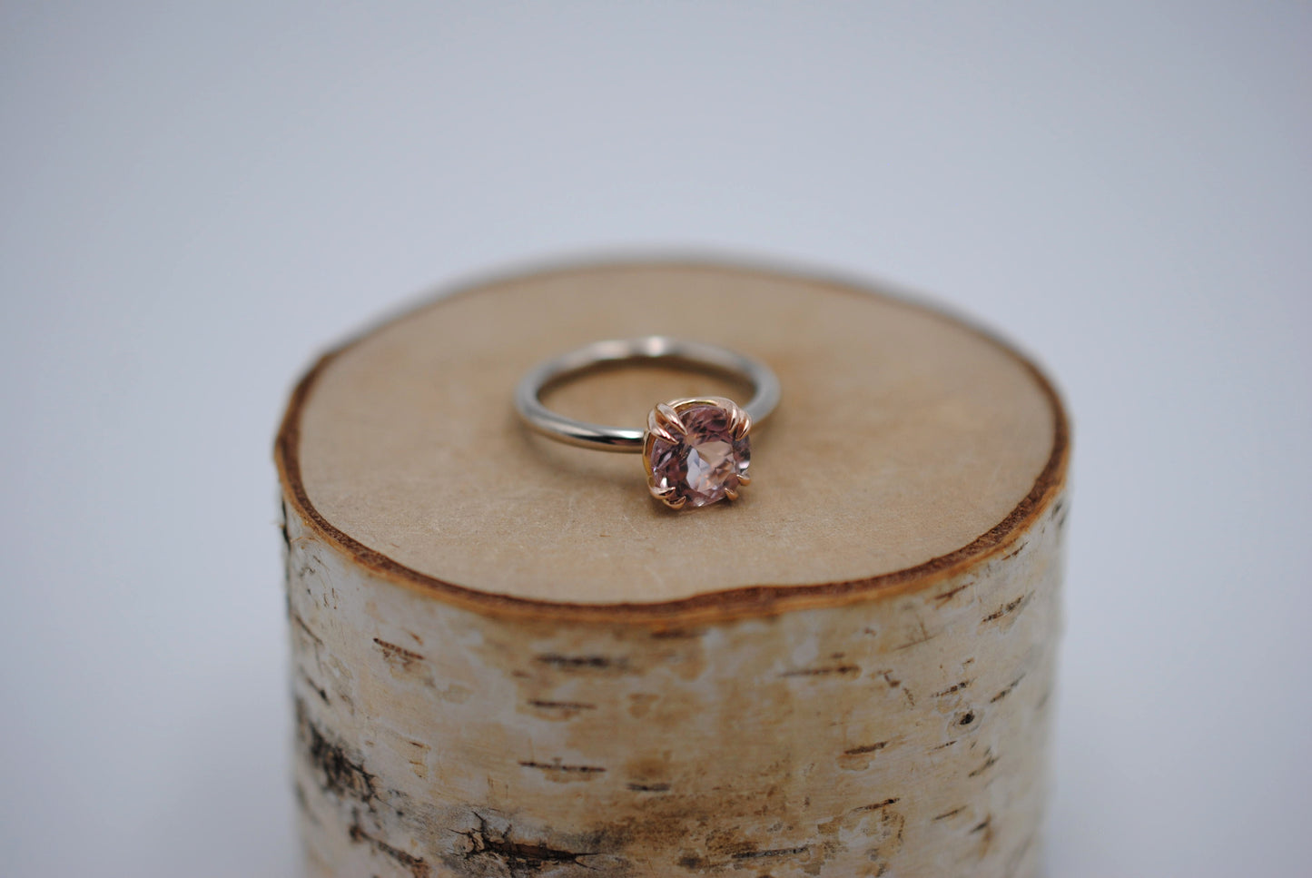 Tourmaline Ring: Round Cut, White Gold Band, Rose Gold Double Prong Setting