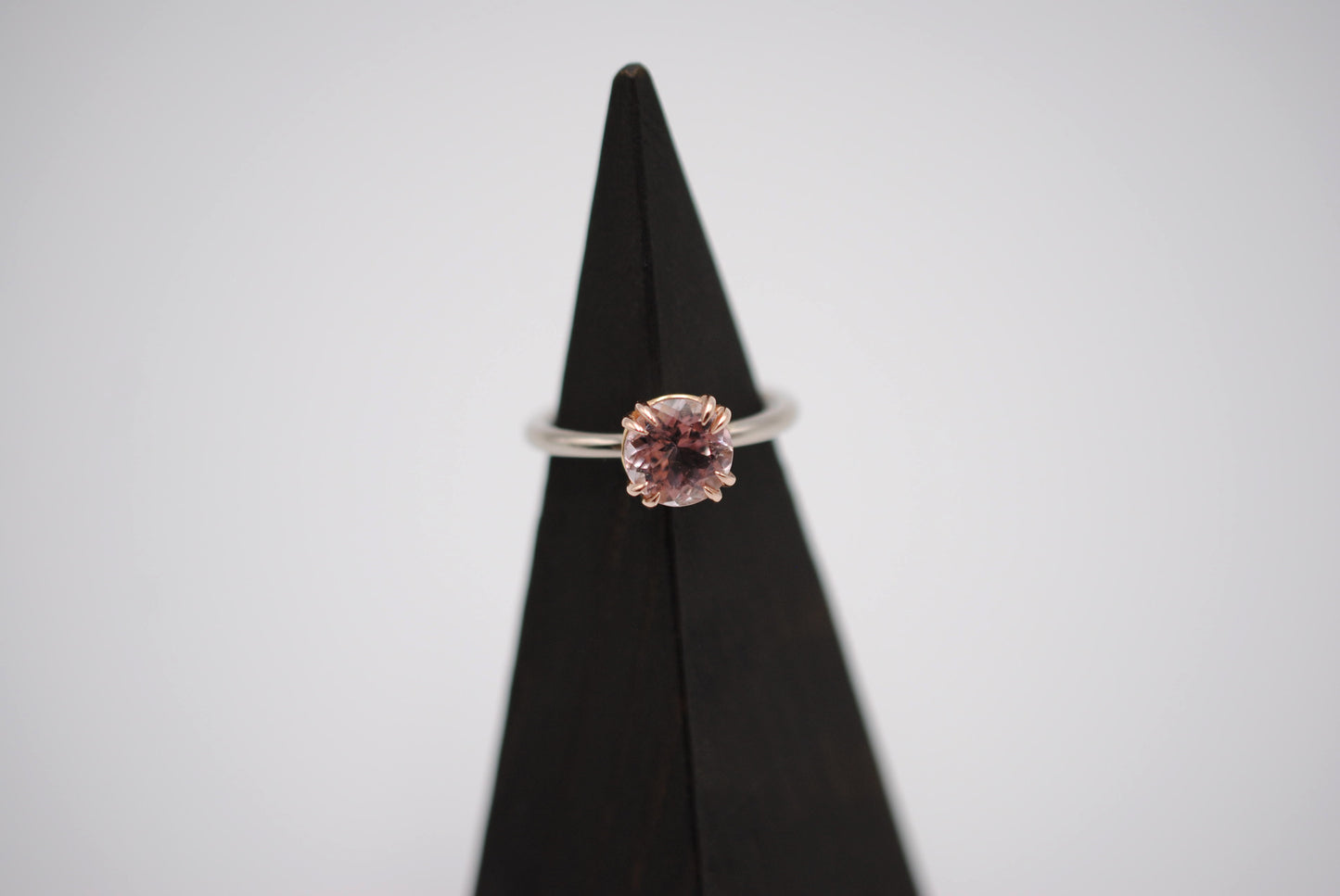 Tourmaline Ring: Round Cut, White Gold Band, Rose Gold Double Prong Setting