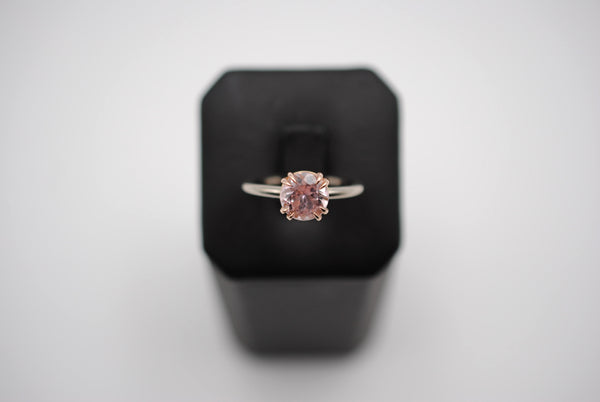 Tourmaline Ring: Round Cut, White Gold Band, Rose Gold Double Prong Setting
