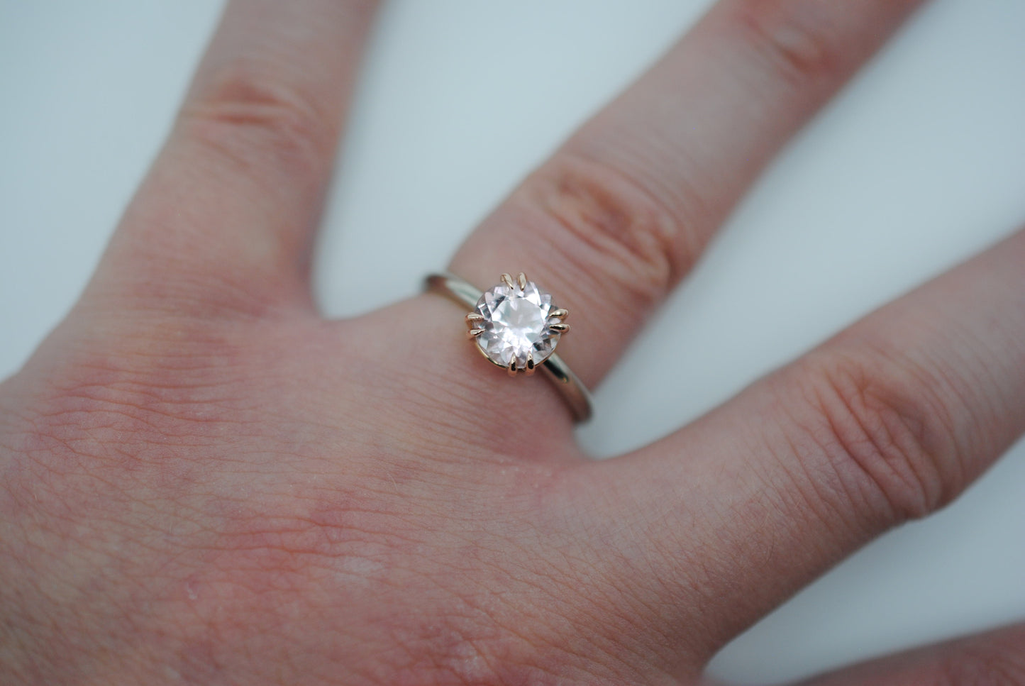 Tourmaline Ring: Round Cut, White Gold Band, Rose Gold Double Prong Setting