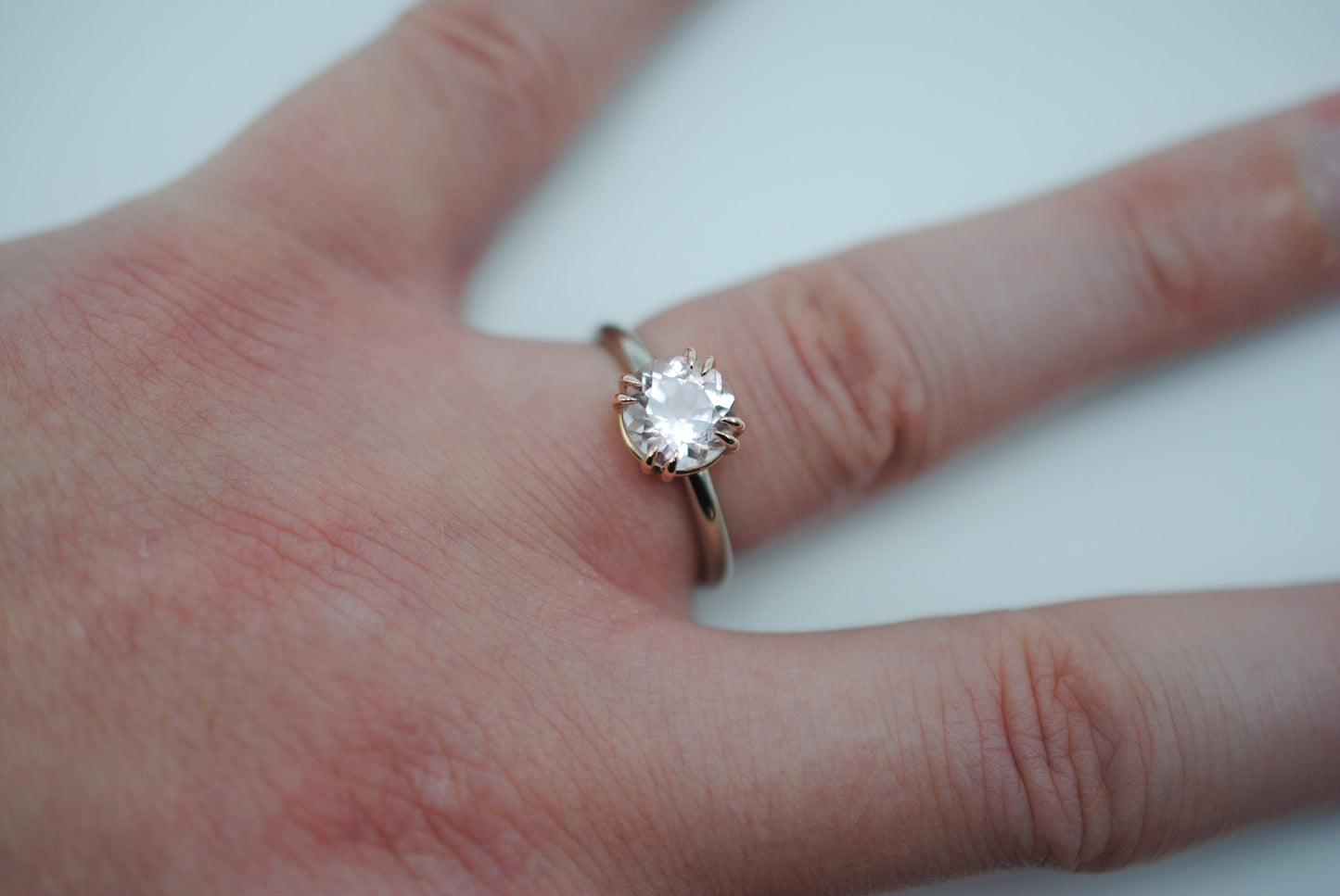 Tourmaline Ring: Round Cut, White Gold Band, Rose Gold Double Prong Setting