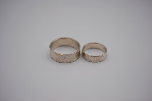 Three Tone Gold Mokume Gane His and Her Band