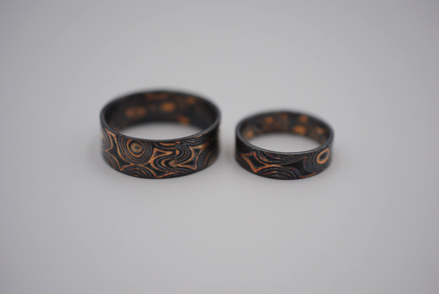 Three Tone Gold Mokume Gane Patina His and Her Band