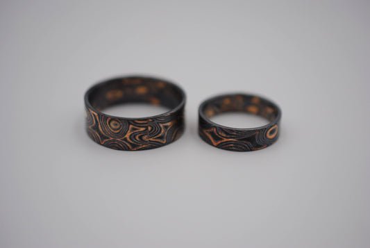 Three Tone Gold Mokume Gane Patina His and Her Band