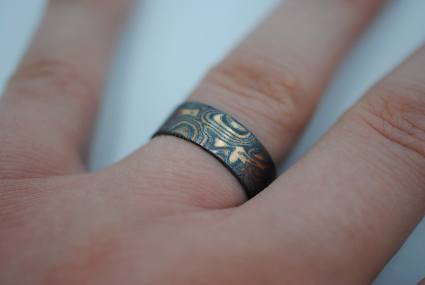 Three Tone Gold Mokume Gane Patina His and Her Band