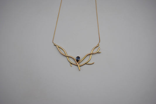 Alexandrite Necklace: Branching Nest, Pear Cut, Yellow Gold, Rounded Box Chain