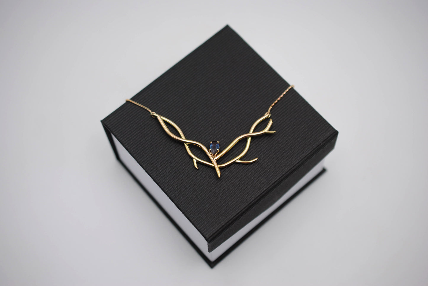 Alexandrite Necklace: Branching Nest, Pear Cut, Yellow Gold, Rounded Box Chain