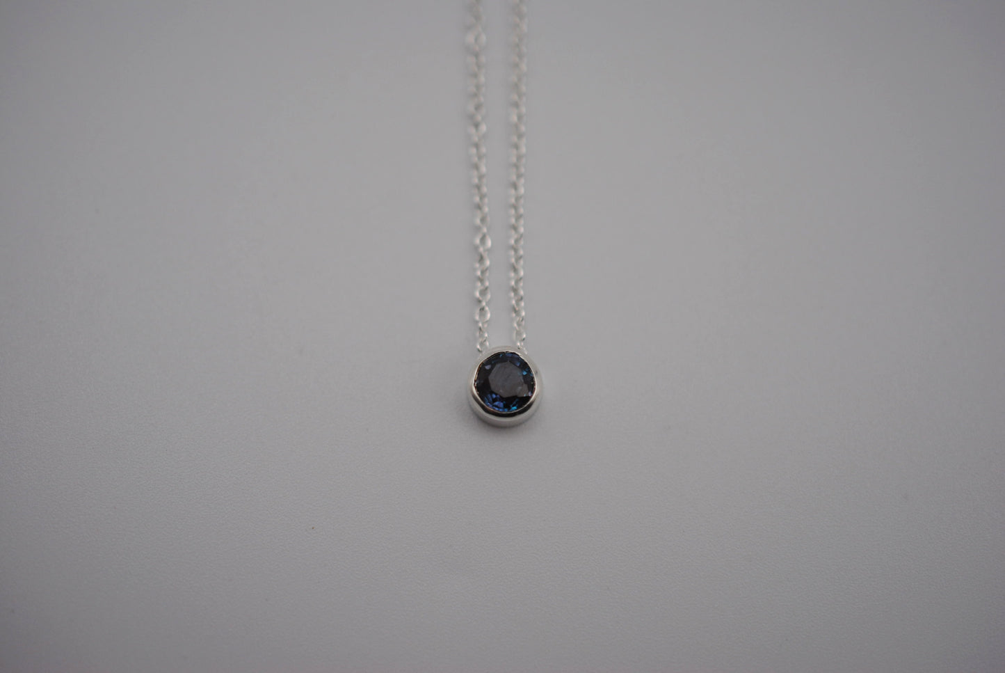 Alexandrite Necklace: Round Cut, Bezel, Silver, Cable Chain