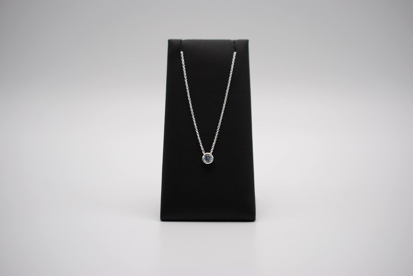 Birthstone Necklace: Round Aquamarine, Bezel, Silver, Cable Chain