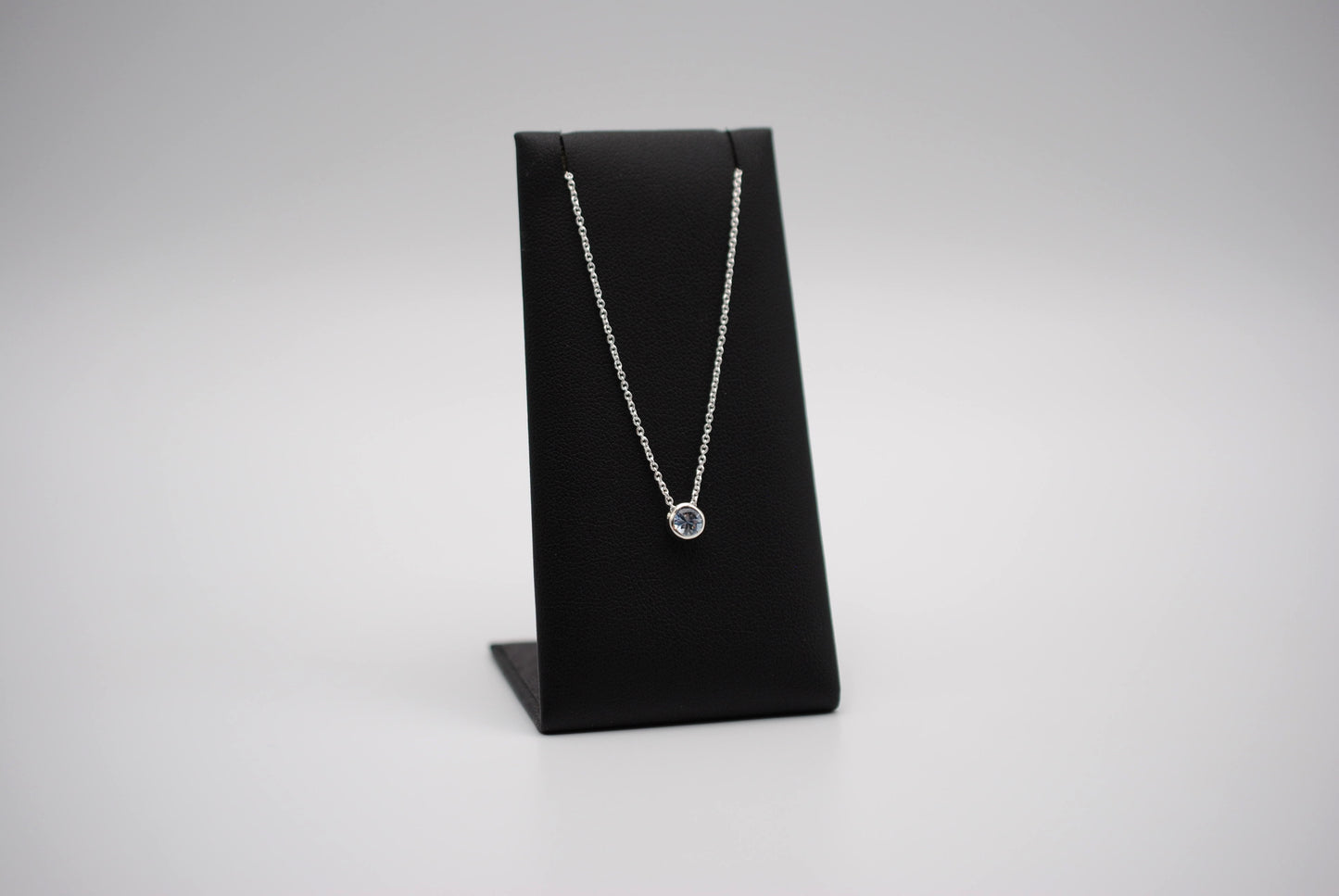 Birthstone Necklace: Round Aquamarine, Bezel, Silver, Cable Chain
