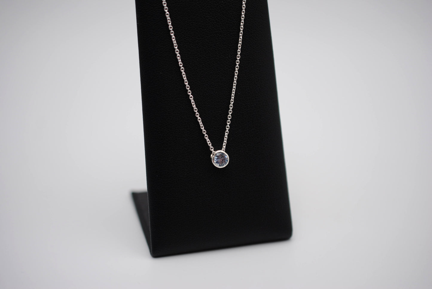 Birthstone Necklace: Round Aquamarine, Bezel, Silver, Cable Chain