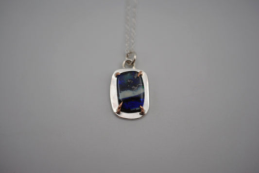 Boulder Opal with 14K Rose Gold Prongs Pedant Necklace on a Cable Chain