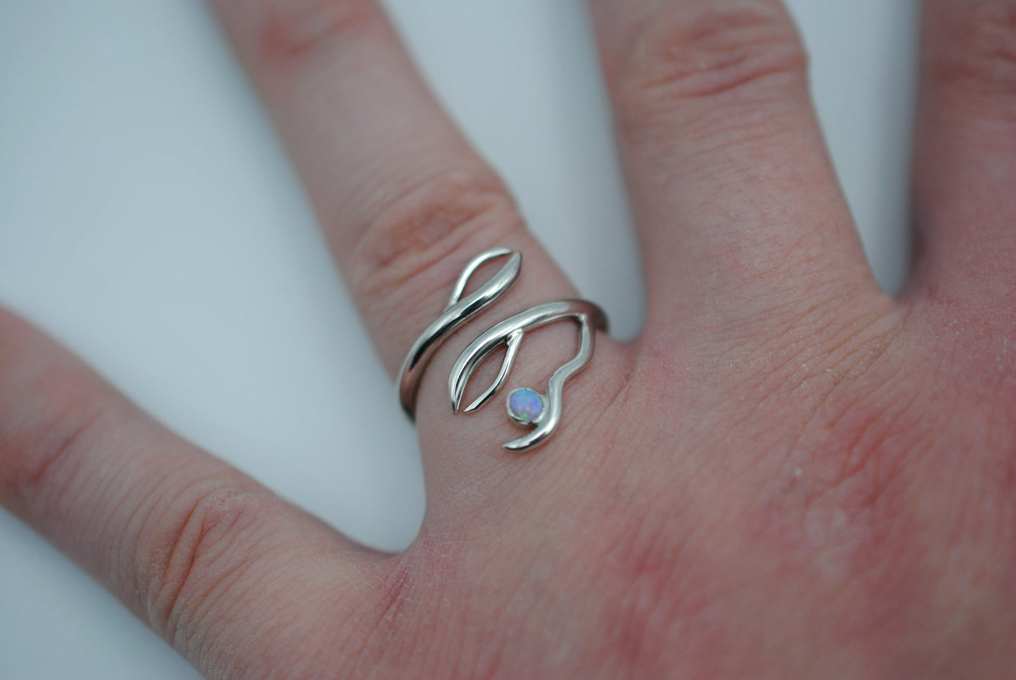 Branching Rhodium Roots Ring with an Opal