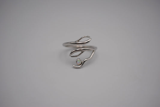 Branching Rhodium Roots Ring with an Opal
