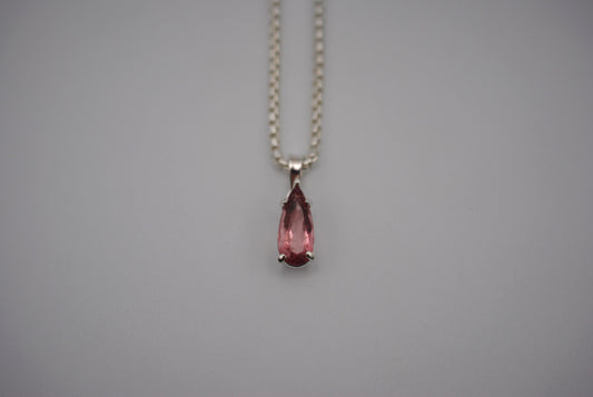 Elongated Pear Pink Tourmaline Pendant Necklace on Rounded Box Chain
