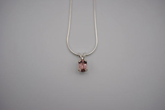 Malaia Garnet Necklace: Emerald Cut, Silver Setting, Snake Chain