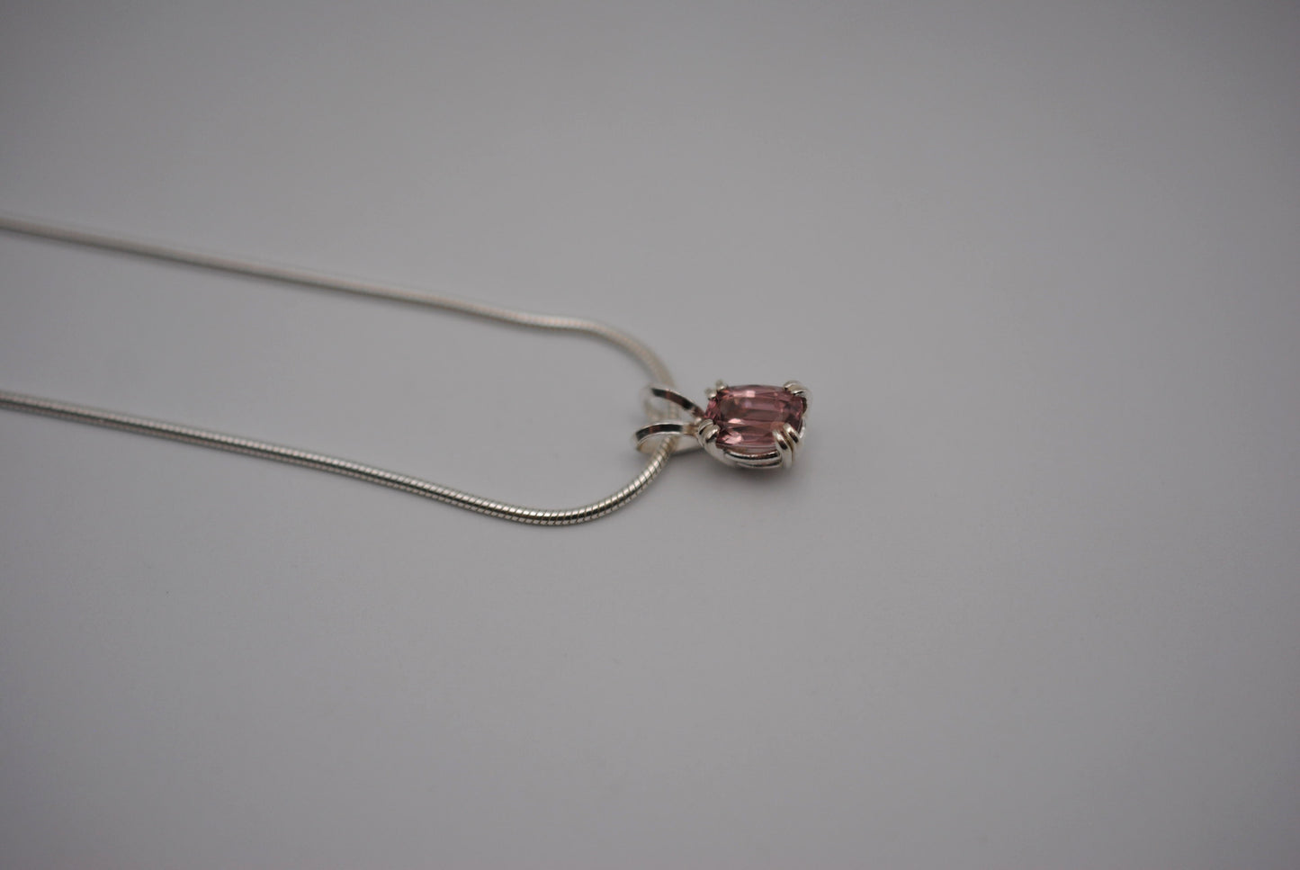 Malaia Garnet Necklace: Emerald Cut, Silver Setting, Snake Chain
