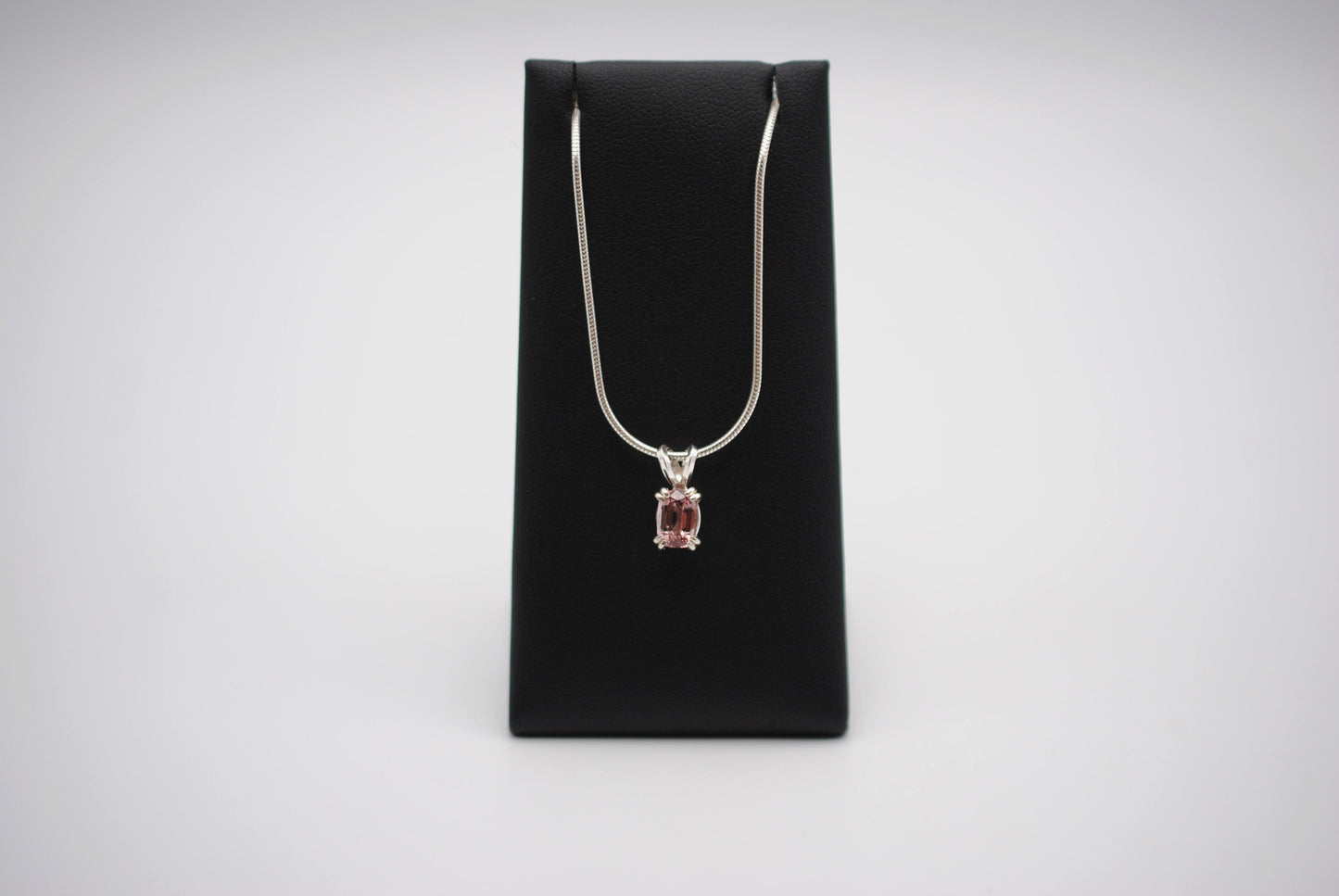 Malaia Garnet Necklace: Emerald Cut, Silver Setting, Snake Chain