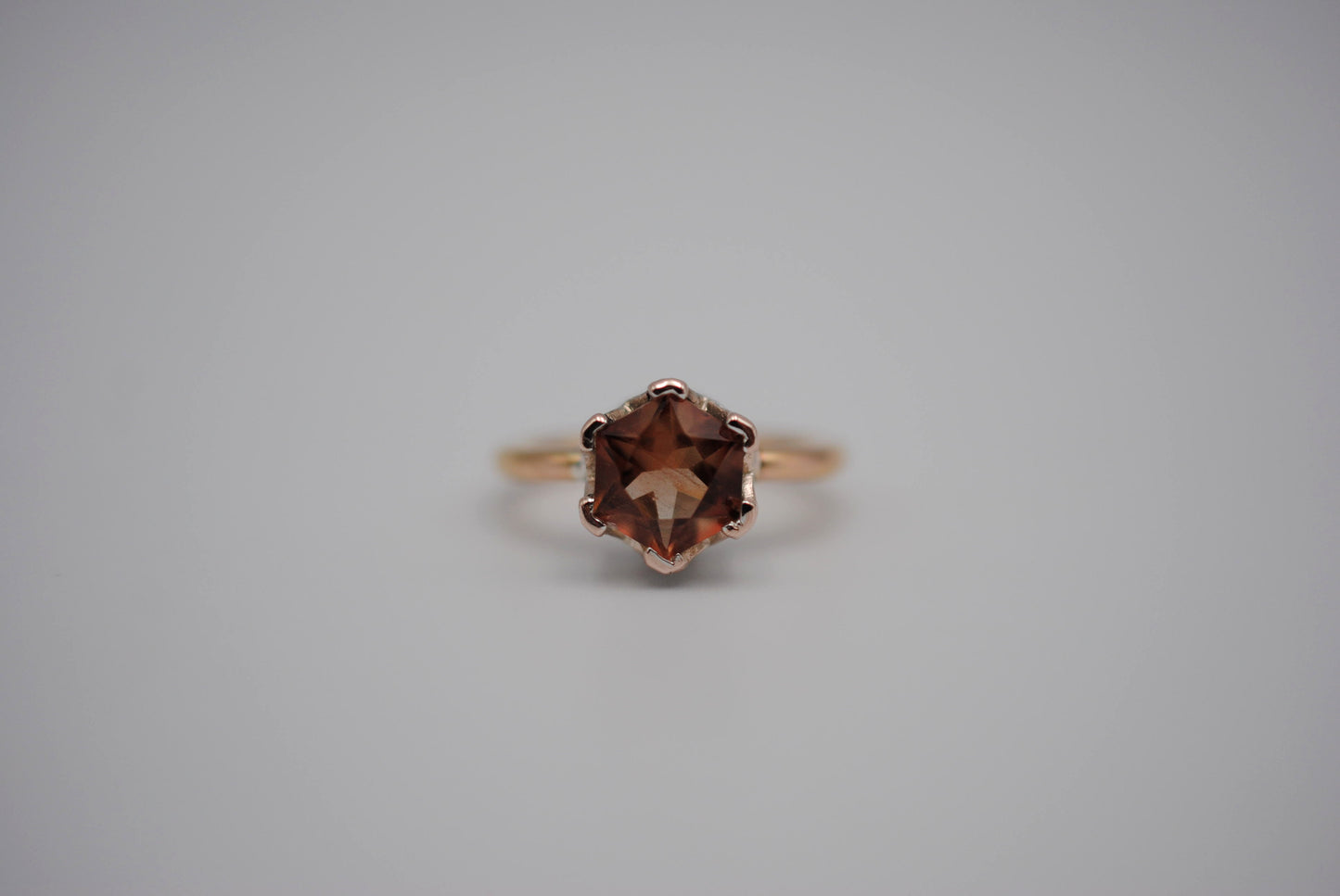 Hexagon Oregon Sunstone Solitaire Ring Rose Gold Band with Etched Mokume Gane Setting