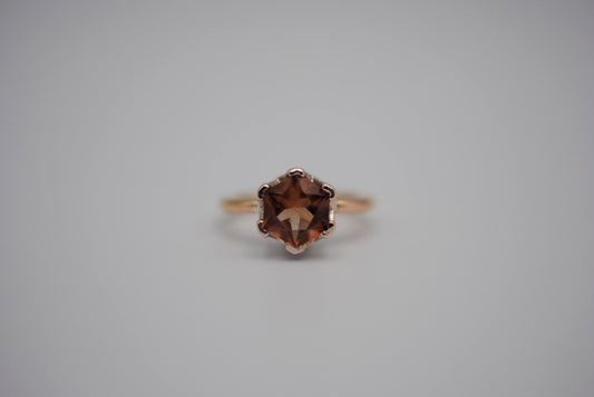 Hexagon Oregon Sunstone Solitaire Ring Rose Gold Band with Etched Mokume Gane Setting