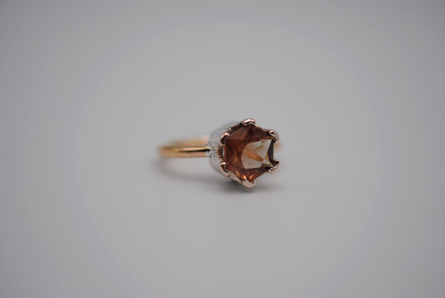 Hexagon Oregon Sunstone Solitaire Ring Rose Gold Band with Etched Mokume Gane Setting