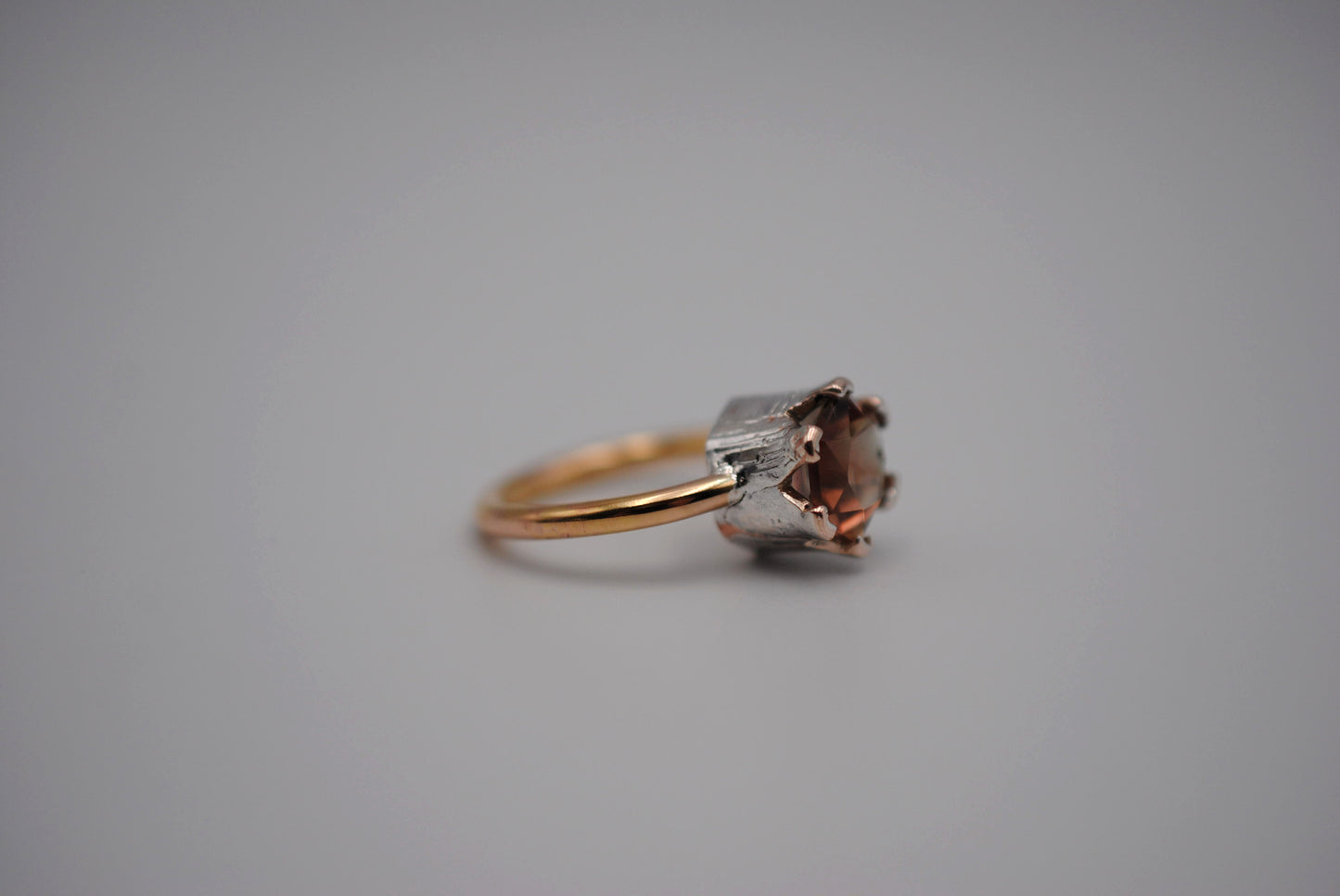 Hexagon Oregon Sunstone Solitaire Ring Rose Gold Band with Etched Mokume Gane Setting