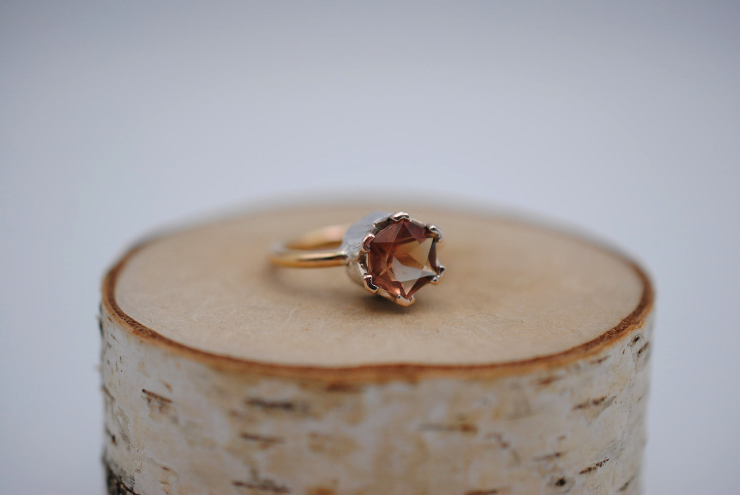 Hexagon Oregon Sunstone Solitaire Ring Rose Gold Band with Etched Mokume Gane Setting