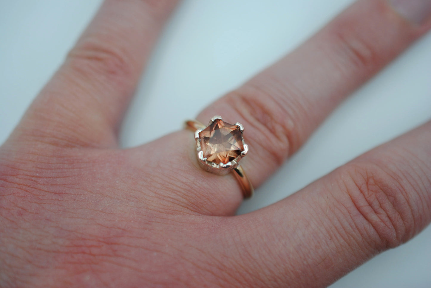 Hexagon Oregon Sunstone Solitaire Ring Rose Gold Band with Etched Mokume Gane Setting