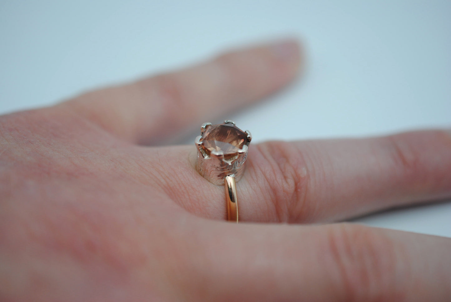 Hexagon Oregon Sunstone Solitaire Ring Rose Gold Band with Etched Mokume Gane Setting
