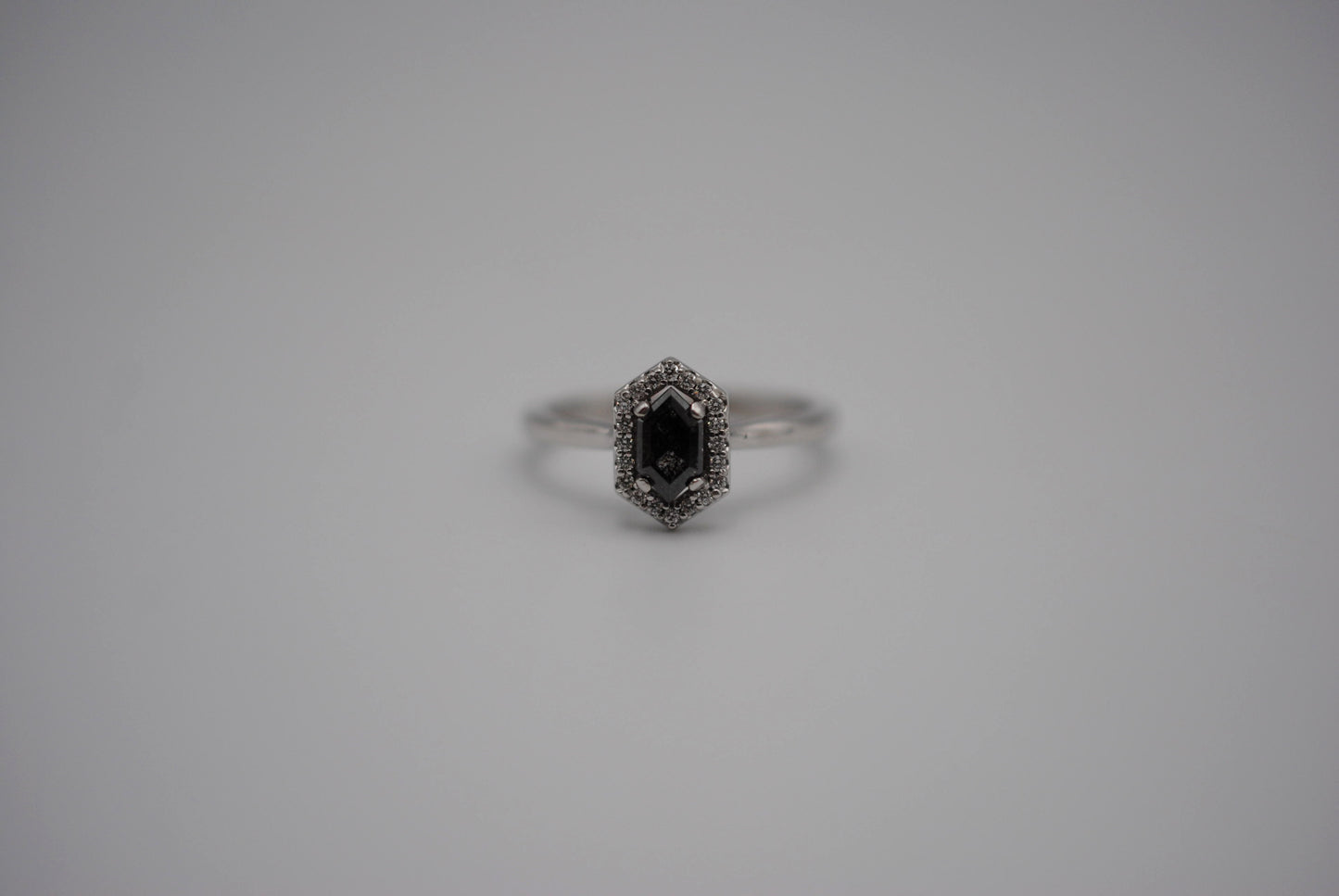 Salt and Pepper Diamond Ring: Hexagon cut, White Gold Band, Diamond Halo Setting