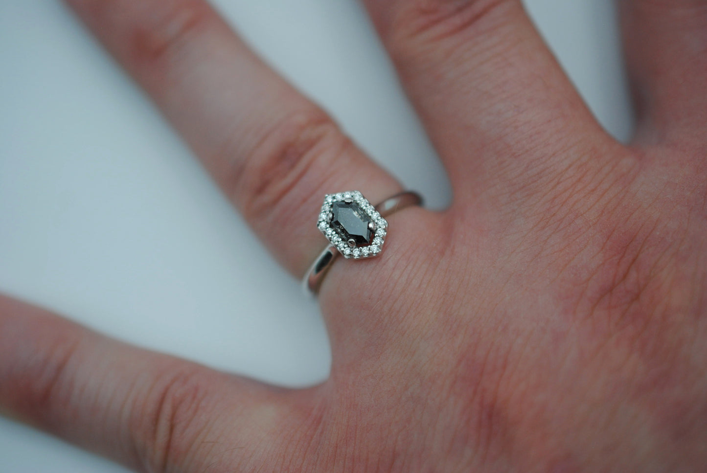 Salt and Pepper Diamond Ring: Hexagon cut, White Gold Band, Diamond Halo Setting
