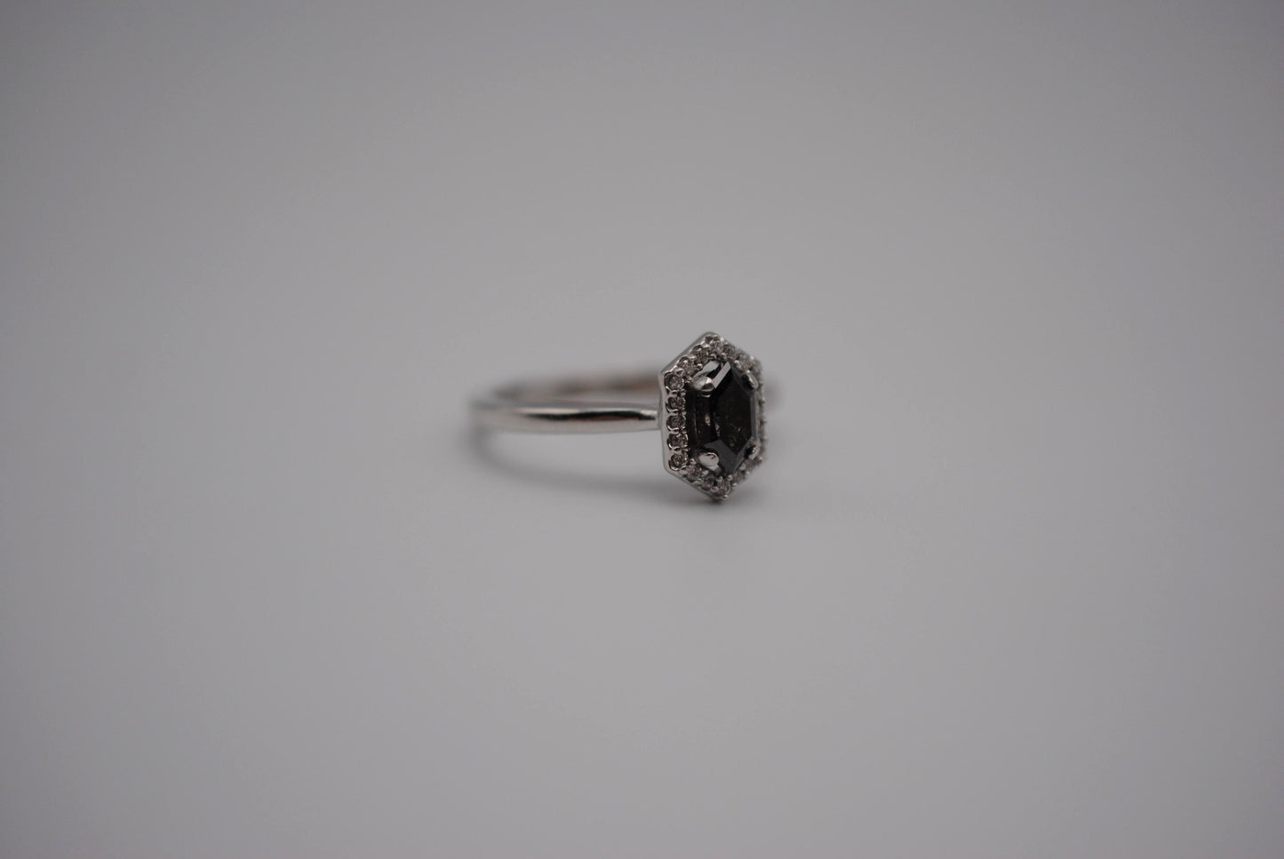 Salt and Pepper Diamond Ring: Hexagon cut, White Gold Band, Diamond Halo Setting