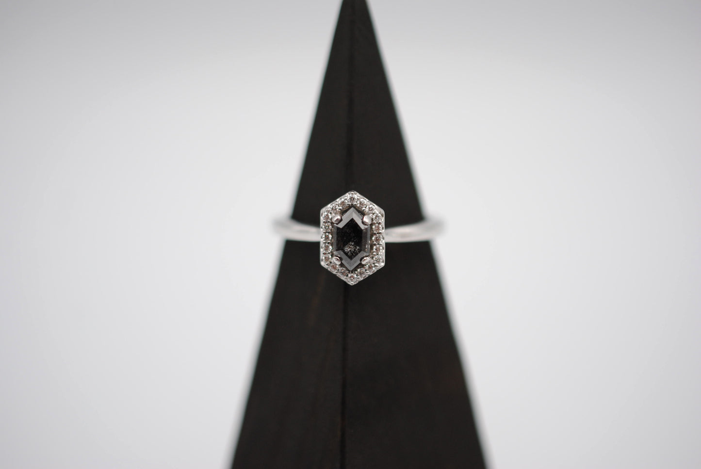 Salt and Pepper Diamond Ring: Hexagon cut, White Gold Band, Diamond Halo Setting