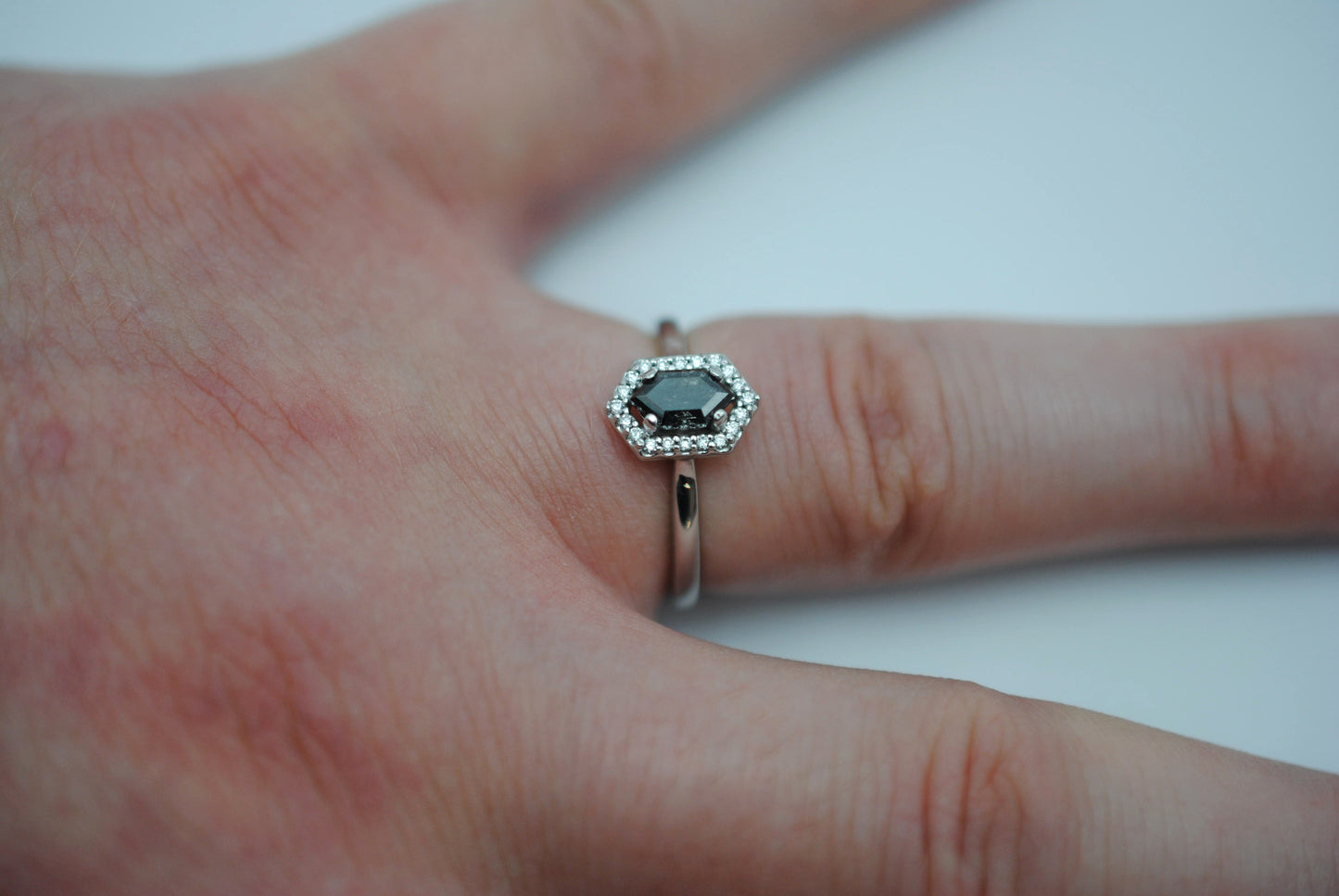 Salt and Pepper Diamond Ring: Hexagon cut, White Gold Band, Diamond Halo Setting