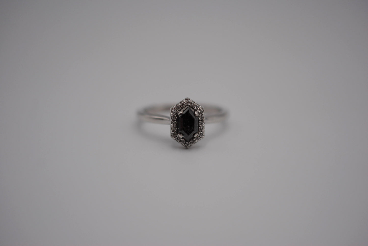 Salt and Pepper Diamond Ring: Hexagon cut, White Gold Band, Diamond Halo Setting