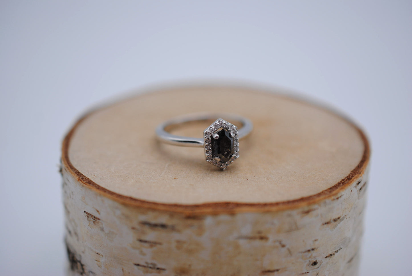 Salt and Pepper Diamond Ring: Hexagon cut, White Gold Band, Diamond Halo Setting