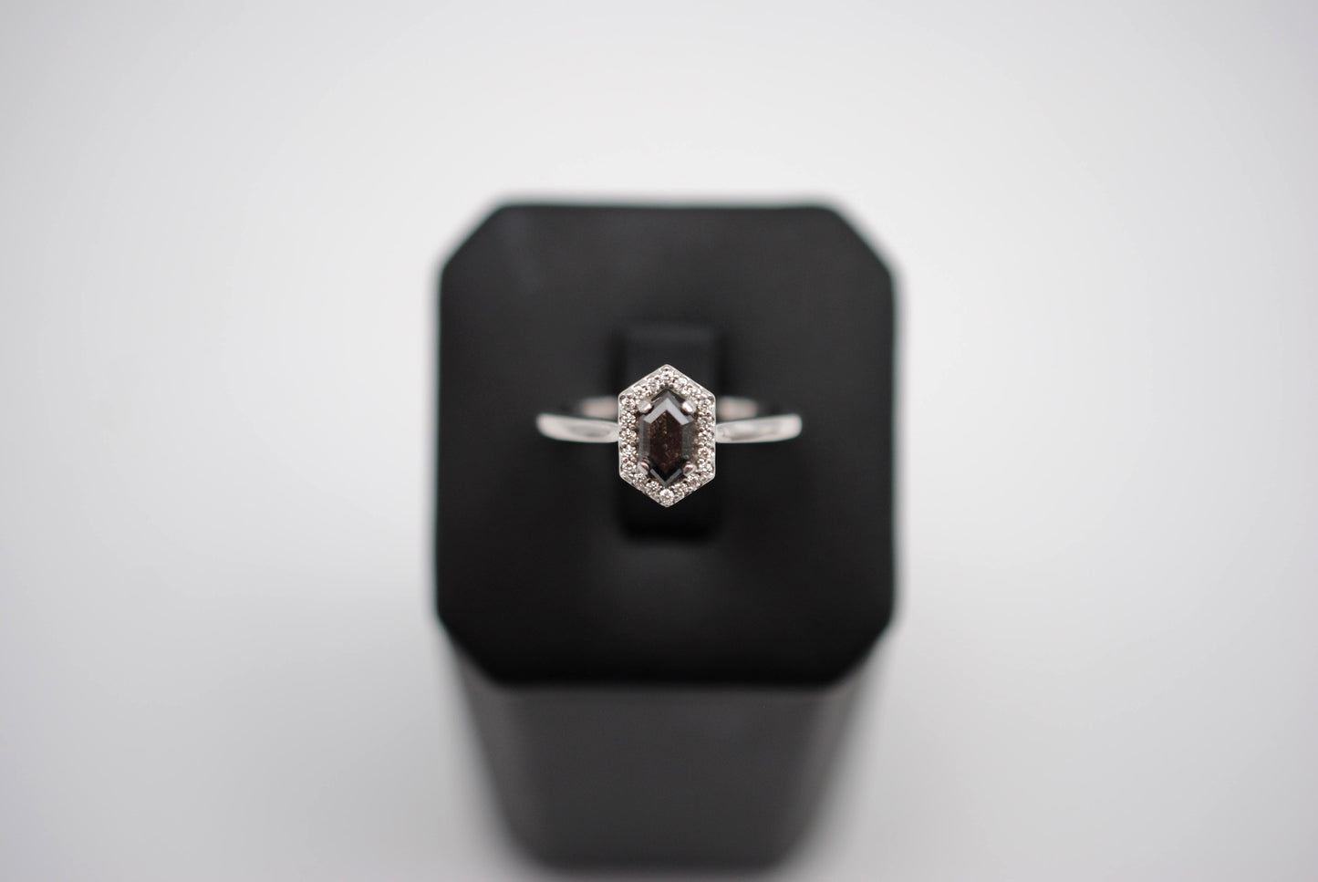 Salt and Pepper Diamond Ring: Hexagon cut, White Gold Band, Diamond Halo Setting