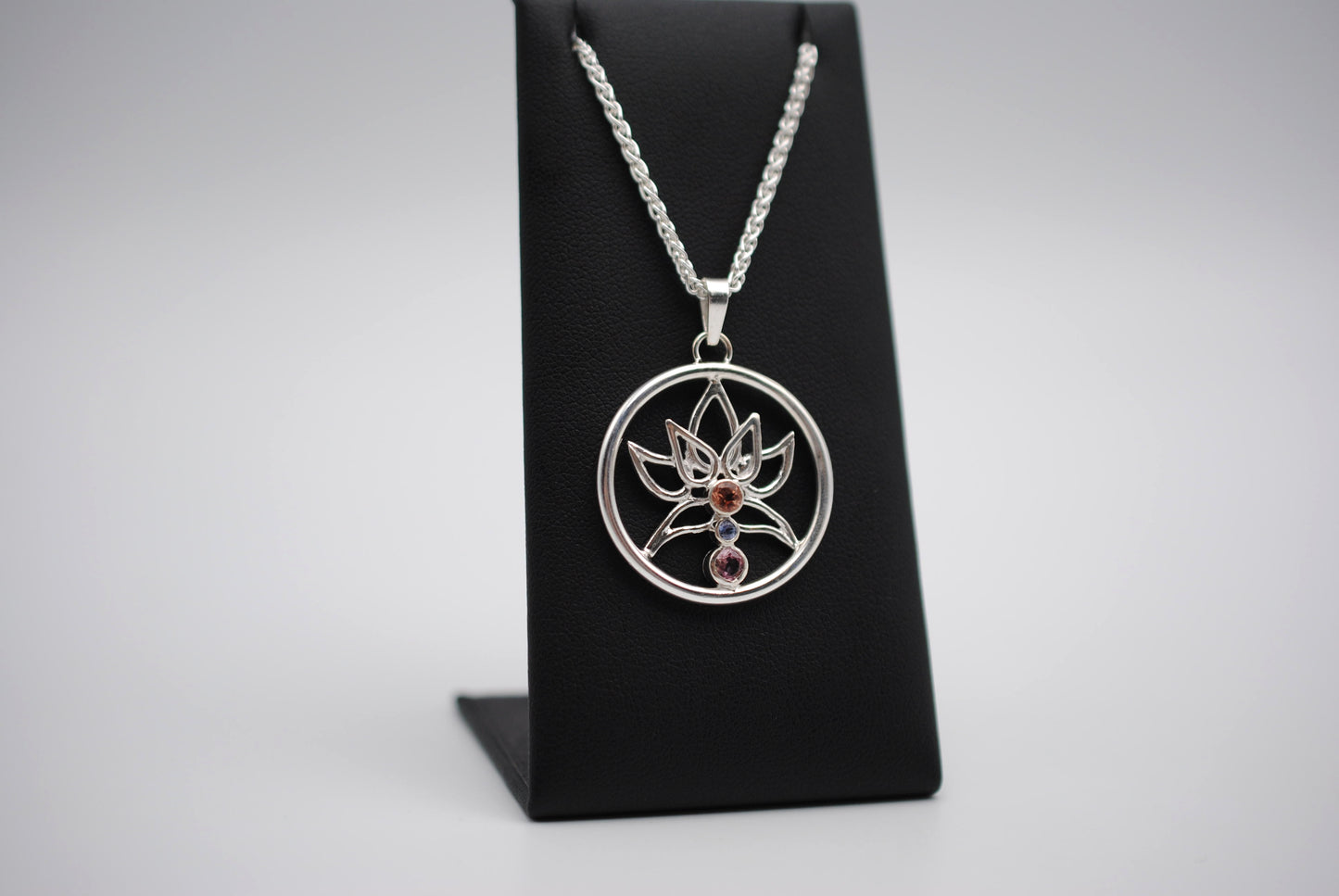 Indicolite Tourmaline and Nigerian Sapphire Lotus Pendant Necklace on Wheat Chain