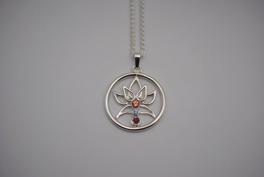 Indicolite Tourmaline and Nigerian Sapphire Lotus Pendant Necklace on Wheat Chain