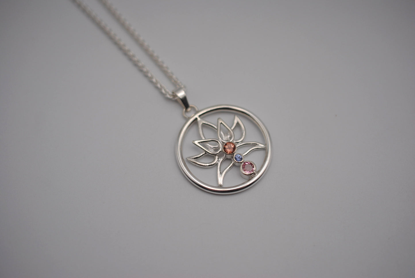 Indicolite Tourmaline and Nigerian Sapphire Lotus Pendant Necklace on Wheat Chain