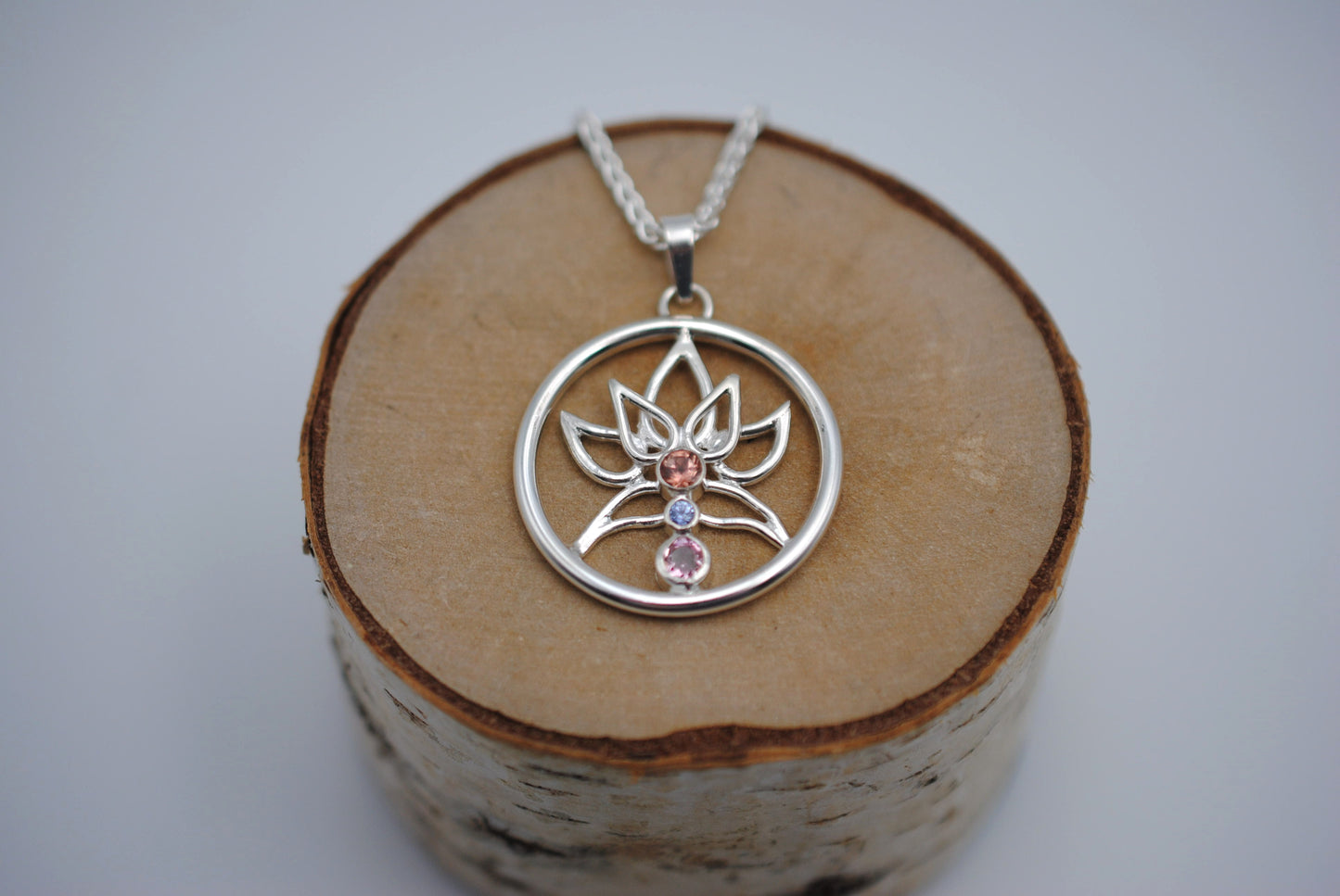 Indicolite Tourmaline and Nigerian Sapphire Lotus Pendant Necklace on Wheat Chain