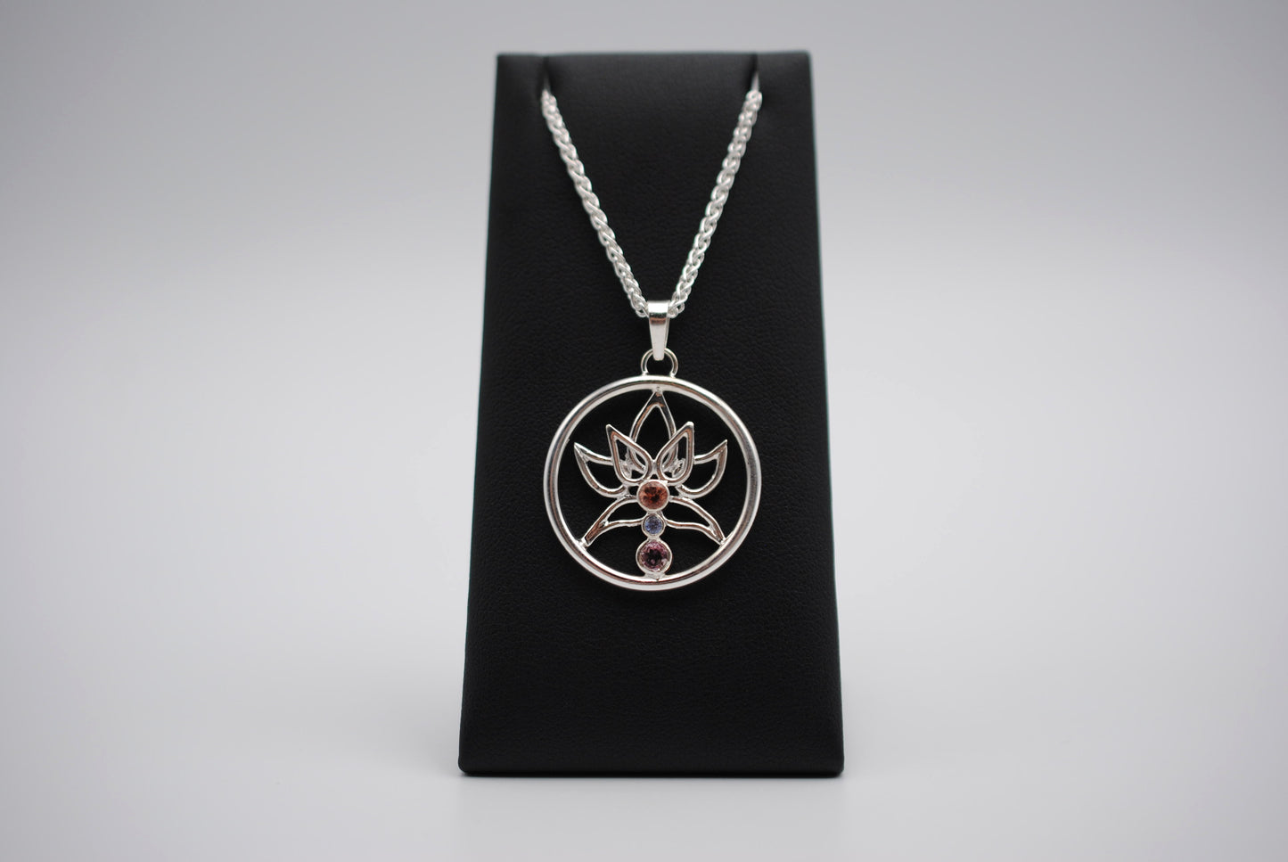 Indicolite Tourmaline and Nigerian Sapphire Lotus Pendant Necklace on Wheat Chain