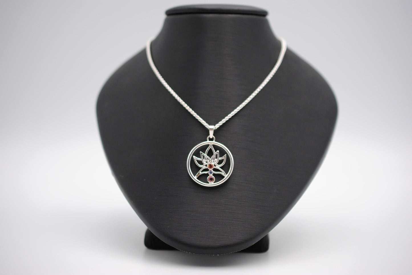 Indicolite Tourmaline and Nigerian Sapphire Lotus Pendant Necklace on Wheat Chain